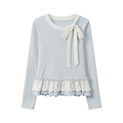 绑带荷叶边假两件奶蓝色长袖T恤