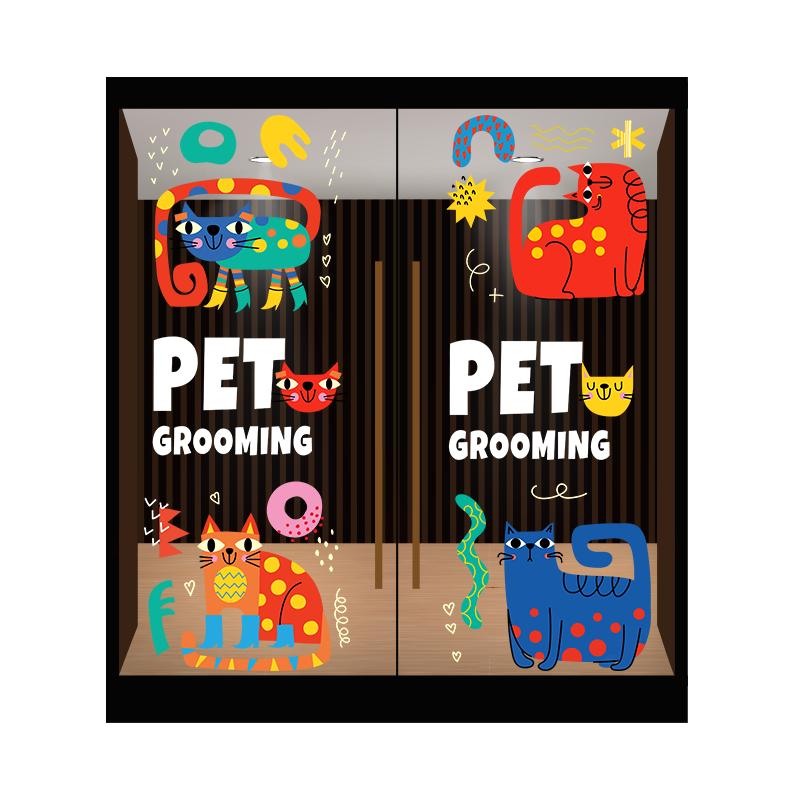 可爱猫咪插画装饰玻璃门贴纸宠物店猫咖橱窗布置静电无胶卡通贴画