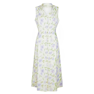 【断码清仓】Ching's 天丝玫瑰印花连衣裙 绑带单排扣梨形身材