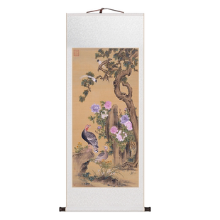 锦鸡图国画入户玄关装饰画新中式牡丹卷轴挂画书房茶室中国风壁画