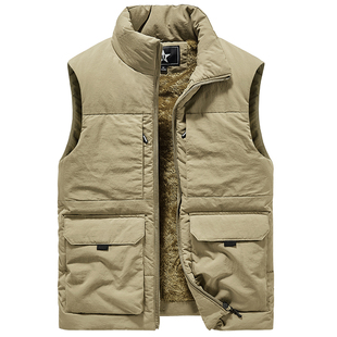 户外秋冬季加绒加厚背心男士纯色多袋立领马甲男装保暖宽松外套潮