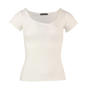 BM短袖上衣女夏季T恤深V低胸领设计感波浪花边打底衫纯色纯欲风