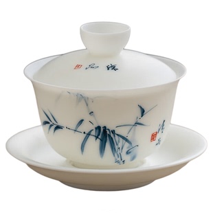 金镶玉手绘山水竹节陶瓷盖碗套装手工三才悬停茶碗茶杯子单个防烫