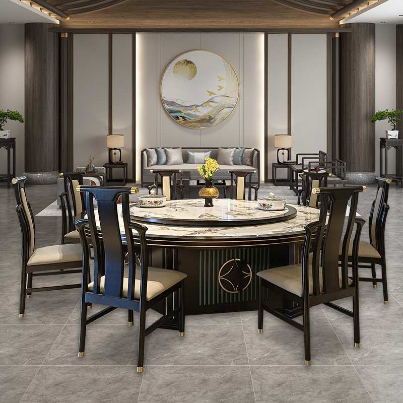 乔佳仁酒店电动餐桌大圆桌大理石岩板隐藏电磁炉火锅桌会所别墅桌