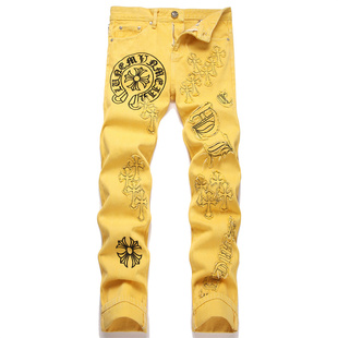 高端多巴胺贴皮十字架刺绣阔腿直筒牛仔裤男宽松轻奢长裤子潮牌