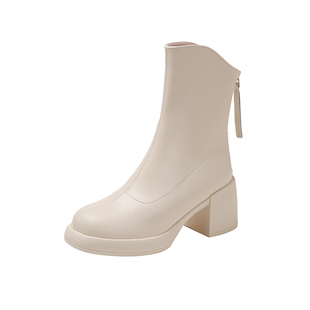 短靴女2025年新款高跟粗跟小个子瘦瘦靴白色圆头中筒靴韩系小裸靴