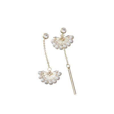 红口袋 天然淡水珍珠手作复古扇形耳环不对称新中式扇子银针耳坠