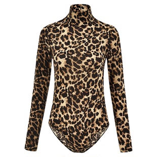 Women's turtleneck long sleeve jumpsuit高领长袖豹纹连体衣女