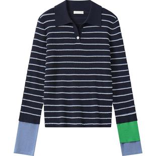 播条纹休闲polo领针织衫女秋季气质拼接毛衣DDS4SD5187