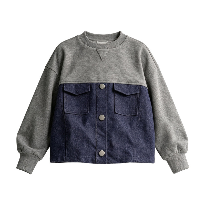 EXISTENTIALISMKids26秋冬男女童宽松卫衣牛仔拼接设计师儿童上衣