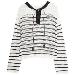 【自营】ELLE黑白条纹连帽针织罩衫女2025夏新款慵懒航海宽松上衣