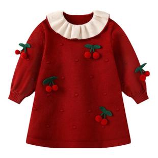 女童毛衣秋冬宝宝一周岁裙子红色公主礼服女宝连衣裙喜庆拜年衣服