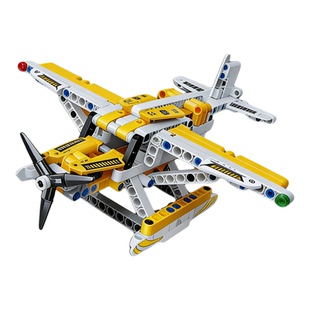 减压益智桌游积木飞机拼装玩具黄色双螺旋桨动力机械设计感模型
