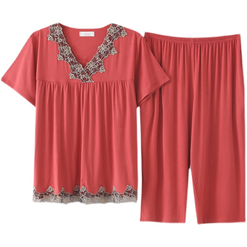 睡衣女士夏季莫代尔短袖七分裤大码家居服夏天薄款纯色妈妈款套装
