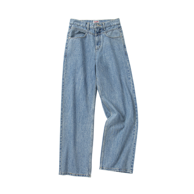 炒色雪花纹分割线水洗直筒牛仔裤