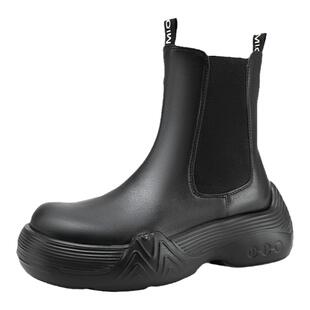 MIO米奥烟筒靴冬加绒保暖切尔西靴女中筒牛皮革短靴厚底时装靴