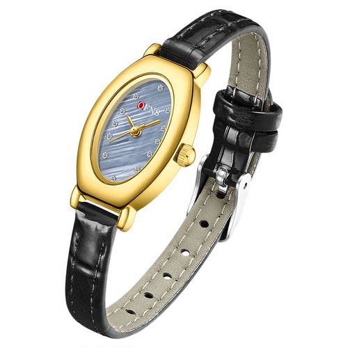 欧范尼女士手表镶钻皮带30M防水手表椭圆小表盘中古风石英表