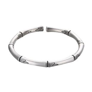 九乐999银手镯女纯银手工錾刻开口竹节实心简约足银镯子送女友礼