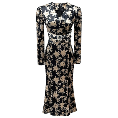 轻奢加厚丝绒印花V领连衣裙