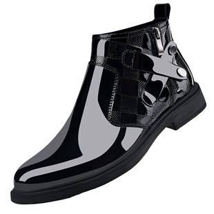 37码男靴真皮切尔西靴男亮面加绒真皮短靴高帮皮鞋男士漆皮马丁靴