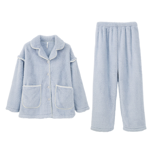 安之伴雪花绒睡衣女秋冬甜美可爱加厚保暖V领开衫宽松家居服套装