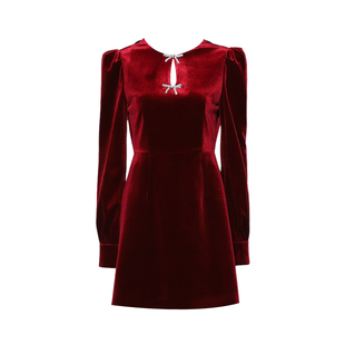 DPLAY2025秋季新款红色连衣裙女新年订婚气质法式短款丝绒裙子