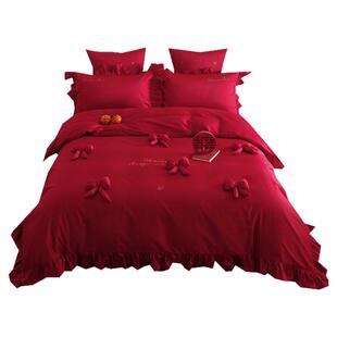 金喜鸟韩式立体蝴蝶大红色结婚四件套纯棉全棉婚庆床上用品新款