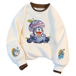 男女童卡通草莓熊印图卫衣女加绒加厚白色假两件套头上衣