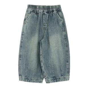 大耳象女童折线水洗牛仔裤秋季新款宝儿弯刀裤休闲百搭宽松长裤子