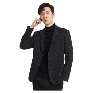 【清仓】古鲨黑白棋盘格莫代尔休闲西装男修身高级西服2026春装