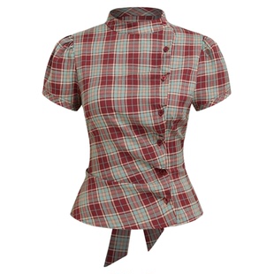 CIDER格纹格子衬衣上衣翻领泡泡袖美式复古扣纽衬衫女114775917