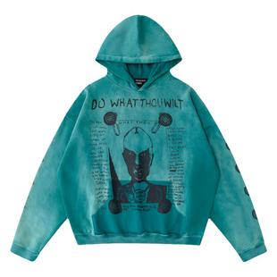 ERD忧郁的富二代24FW外星牛头人龟裂印褪色水洗做旧复古帽衫卫衣