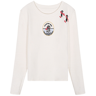 落落狷介 内搭打底衫磨毛长袖刺绣T恤女2025新款白色可外穿小个子