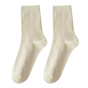5双真棉花无染色袜子女中筒袜纯棉双针袜子防臭透气抗起球短筒袜