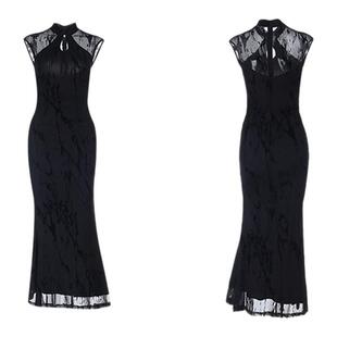 新中式国风黑色无袖旗袍连衣裙女2025新款气质改良提花鱼尾包臀裙