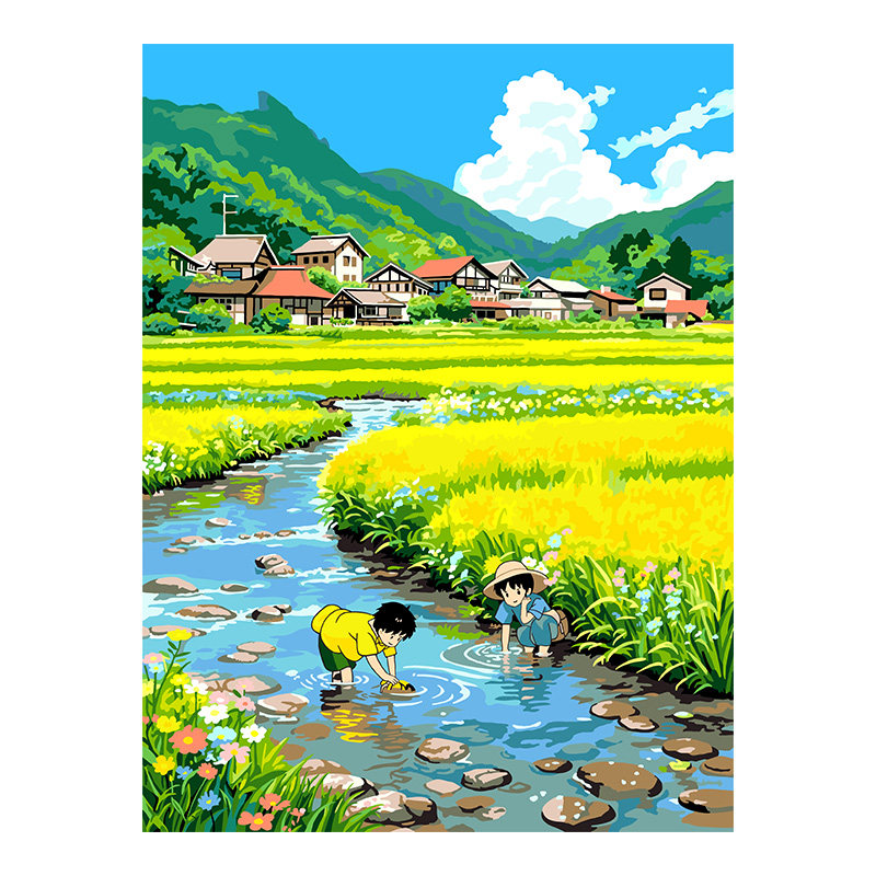自油自画DIY数字油画溪间童趣