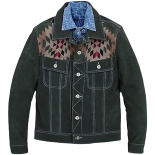 风暴骑士款两兜牛仔绒面牛皮提花毛呢拼接真皮皮衣男夹克外套衬衣