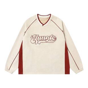 丛林老虎美式字母刺绣V领麂皮绒卫衣男女2026春季潮牌情侣装上衣