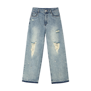佧茜文细闪镶钻牛仔裤2026春季新款100%纯棉破洞毛边直筒长裤女