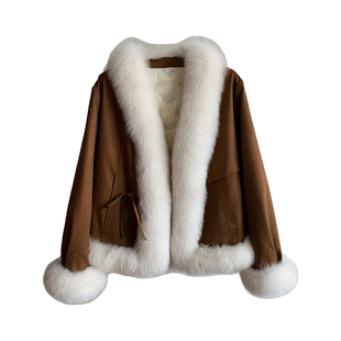 冬日开场白/麂皮绒狐狸毛领鹅绒羽绒服2025新款皮草毛毛外套女冬