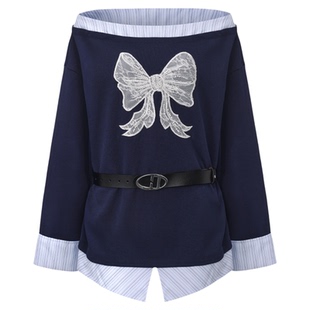 GIMING早春新款一字肩上衣长袖直筒蝴蝶结衬衫miu系江浙沪穿搭女