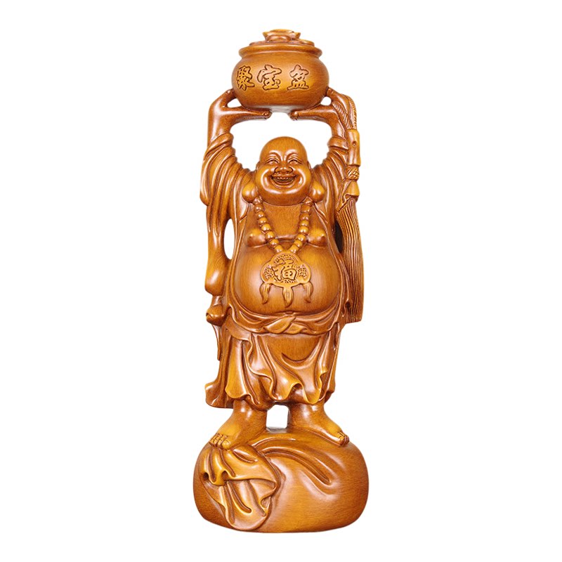 实木聚宝盆笑佛摆件镇宅风水