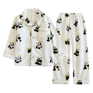 A类可爱熊猫秋冬儿童珊瑚绒睡衣套卡通男孩法兰绒加厚女童家居服