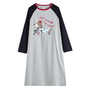 康妮雅秋季纯棉圆领卡通睡裙女印花甜美家居服睡衣宽松中长款套头