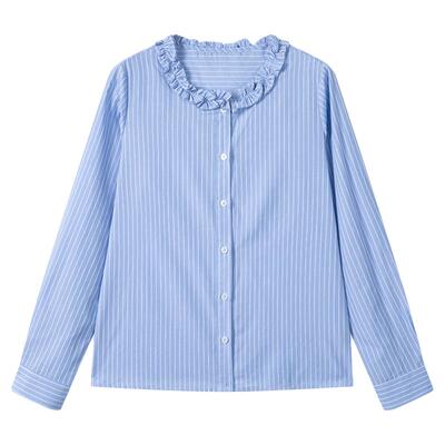 弥古蓝色条纹衬衫女长袖上衣2025新款秋冬内搭法式打底木耳边衬衣