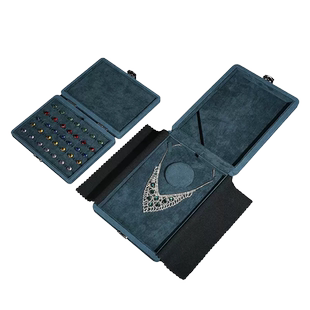 长方形蓝色超纤按扣套链盒彩宝裸石裸钻收纳盒样品展示珠宝盒高档