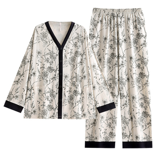 悦内睡衣女款春秋款秋季纯棉长袖家居服V领开衫轻奢风高级感套装