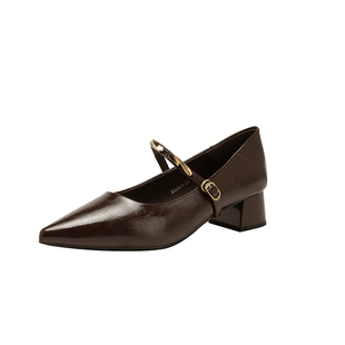 羊皮版~法式复古风玛丽珍鞋女2026新款一字扣带粗跟尖头浅口单鞋