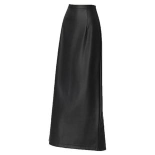 秋季高腰皮裙半身裙女中长款直筒裙显瘦包臀裙pu过膝开叉一步裙子