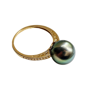 大溪地黑珍珠天然海水珍珠戒指18K金钻石正圆强光孔雀绿高端款